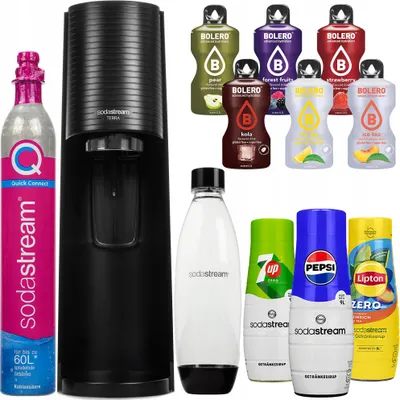 A collection of SodaStream products including a carbonator, CO2 cylinder, reusable bottles, and various flavor syrups.