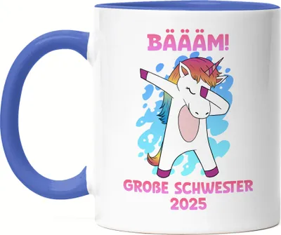 Produktbild von Bäääm Große Schwester 2025 Tasse Blau Einhorn Schwangerschaft Ankündigung Babyparty Babyshower Geschwister