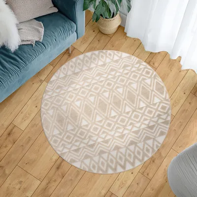 Produktbild von Outdoor Teppich Wetterfest Wohnzimmer Balkon Skandi Boho Muster 3D Effekt Beige Grösse 160 cm Rund