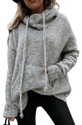 Produktbild von Damen-Hoodie, Langarm-Strickpullover, Oversize-Rollkragenpullover, eleganter Herbst-Winterpullover (L)