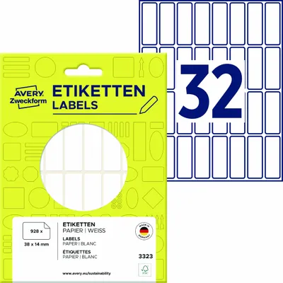Produktbild von Avery Zweckform 3323, Vielzweck-Etiketten, 38 x 14 mm, 928 Etiketten / 29 Bögen, Weiß