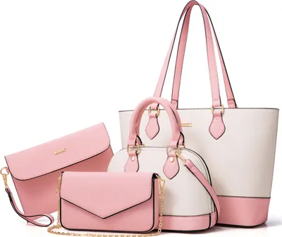 Produktbild von OKWISH 4 tlg Handtasche Damen, Kleine Umhängetasche Damen, Tote Bag, Tasche Mittelgroß, Crossbody Bag, Handtaschen Damen Set , Rosa+Weiß