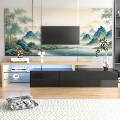 Obrázok produktu pre Nízka komoda s LED osvetlením, TV skrinka, čierna, vzhľad dreva, rozmer 197,5 x 39 x 42 cm