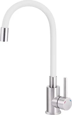 A kitchen faucet with a flexible white spout and a silver base and handle.