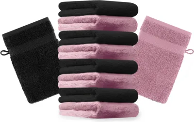 Produktbild von Betz 10 Stück Waschhandschuhe 16x21 cm PREMIUM 100% Baumwolle  Farbe: altrosa und schwarz