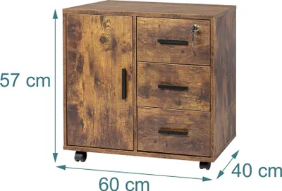 Zdjęcie produktu dla Szafka na kółkach Relaxdays, 3 szuflady, 2 przegródki z drzwiczkami, wys. x szer. x gł.: 57 x 60 x 40 cm, zamykana na klucz, szafka na dokumenty, kolor vintage brązowy