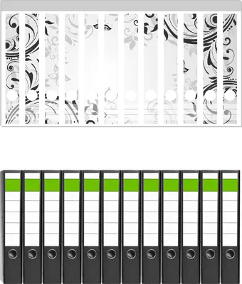 Produktbild von Wallario 12 Stück schmale Ordner inkl. Klebeetiketten mit Motive Schnörkelmuster mit Schmetterlingen -  Set mit Rückenschildern / Ordnerrücken Stickern