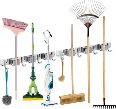Produktbild von Edelstahl Wandbesenhalter mit 6 Schlitzen, 8 Haken, Antirutsch-Silikon, 2 Montagemöglichkeiten