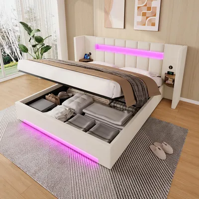 Obrázek produktu pro MODFU manželská postel 180×200 s matrací LED osvětlením a USB postel pro mládež se skříní čelo úložná postel s velkým úložným prostorem béžová
