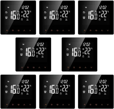 A collage of multiple digital thermostats displayed on a black background.