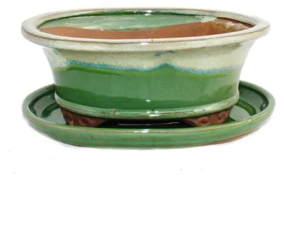 Obrázek produktu pro Bonsajová miska s podšálkem velikost 8 palců - zeleno-béžová - oválná - model O4 - D 21cm - Š 17cm - V 6cm