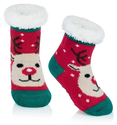 Produktbild von Kindersocken Wintersocken für Mädchen und Jungen, weich, flauschig, warm, dick, Kuschelsocken, Haussocken, Bodensocken, Roter Elch, 3-6 Jahre