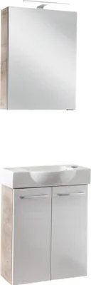 Produktbild von FACKELMANN SBC STANFORD Gäste WC Waschtisch Set mit Spiegelschrank 55 cm breit, Weiß/Braun hell, Türanschlag rechts  Perfekt für kleine Badezimmer