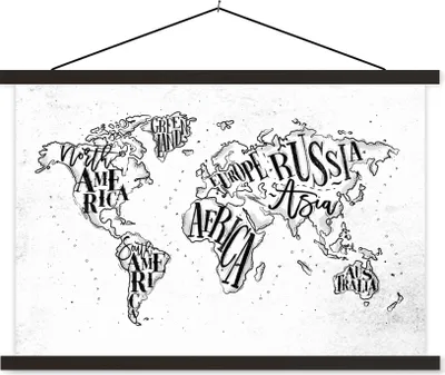 Produktbild von MuchoWow® Textilposter Weltkarte - Weiß - Schwarz 120x80 cm mit schwarzem Rahmen - Wanddeko