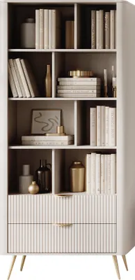 Produktbild von MIRJAN24 Regal Lante, Bücherregal mit zwei Schubladen, Metallfüße und Aluminiumgriffe, 88x38x194 cm (Farbe: Beige)