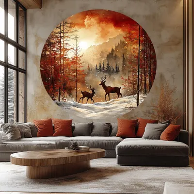 Obrázok produktu pre Decords, nástenná dekorácia – Zimný les s jelenom a horskou krajinou, 140 cm
