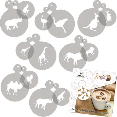 Produktbild von Kaffee Schablonen und Kekse Dekoration 14 Stück 7x7 cm und 11x11 cm, Wiederverwendbare Plastik Backen Vorlage, Tiere, DIY