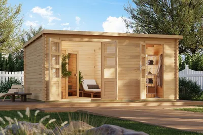 Produktbild von Karibu Saunahaus Außensauna Gartensauna OLBIA unbehandelt -Ofen 9kW externe Strg easy 38mm Wände 507x387x238 cm