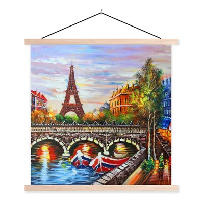 Produktbild von MuchoWow® Textilposter Gemälde - Öl - Eiffelturm - Paris - Wasser 60x60 cm mit holzfarbenen Rahmen - Wanddekoration