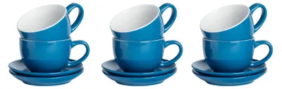 Produktbild von Argon Ta 12-teiliges Set aus farbigen Cappuccinotassen und Untertassen – 250 ml – Blau – Robuste Teetasse aus Steingut, spülmaschinen- und mikrowellengeeignet