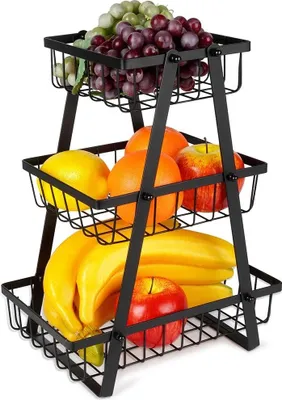 Immagine prodotto di Vilde | Cesto per la frutta - Nero - 3 livelli - Stoccaggio in cucina - Metallo - 28 x 17,5 x 34,5 cm