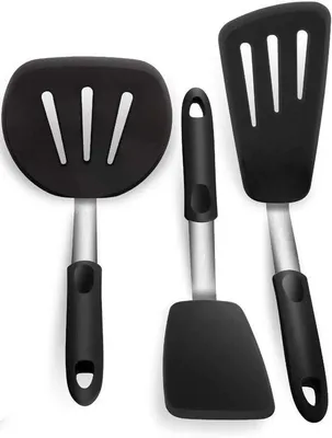 Produktbild von Küchen- und Fischspatel. Stabil und langlebig, Geschirrspülerbeständig. Set aus drei Teilen, schwarz.