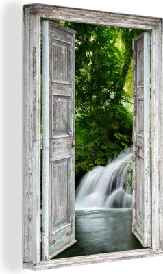 Produktbild von OneMillionCanvasses® - Leinwandbilder - 90x140 cm, Wasserfall - Aussicht - Landschaft, - Geöffnetes Fenster - Fensterblick Schlafzimmer Kunstdruck Wanddekoration - Foto auf Leinwand - Gemälde auf Holzrahmen - Wandschmucke - Schlafzimmer