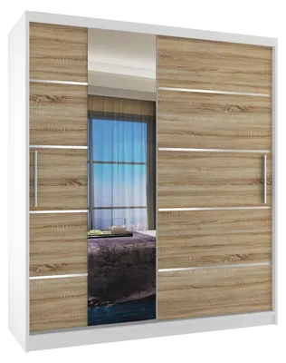 Produktbild von BELINI Verona MBP Schiebetürenschrank 133 cm Weiß/Sonoma Eiche Matt - Kleiderschrank mit Spiegel & 2 Schubladen, Schlafzimmer