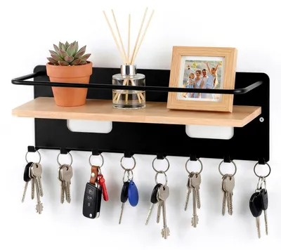 Produktbild von Schlüsselbrett aus Holz mit Ablage und 8 Schlüsselhaken für den Eingangsbereich, den Flur oder das Wohnzimmer.
