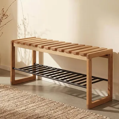 Produktbild von MCA Garderoben-Bank HWC-P57, Sitzbank Schuhregal Schuhablage Schuhbank Flurbank, 45x88x30cm, Massiv-Holz Eiche