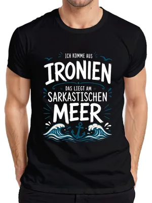 Immagine prodotto di T-shirt da uomo, colore nero, taglia 3XL, con scritta "Vengo da un mare di ironia e sarcasmo"