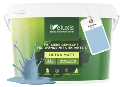 Produktbild von Wandfarbe Blau Hellblau Grau Matt Innenfarbe – Deckkraft Klasse 1, VOC-frei, Ohne Grundierung, Tropfarm – Wohnzimmer & Schlafzimmer – 2,5L – Veluxis (Soft Sky)