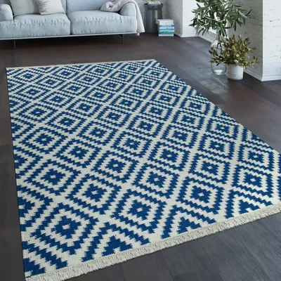 Image de Tapis moderne à motifs marocains tissé à la main Skandi losanges franges bleu blanc taille 80x150 cm
