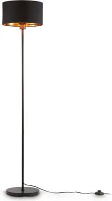 A black and gold floor lamp against a white background.