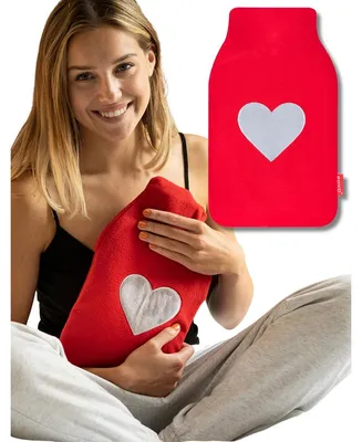Productafbeelding van Warmwaterkruik Rubber - 1,8 liter - Fleece hoes - Rood met grijs hart - Tegen krampen