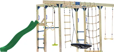 Immagine prodotto di AXI Boris Struttura per arrampicata in legno con scivolo verde | Struttura per arrampicata attrezzata per bambini con diverse altalene, trapezio, reti per arrampicata e barre parallele