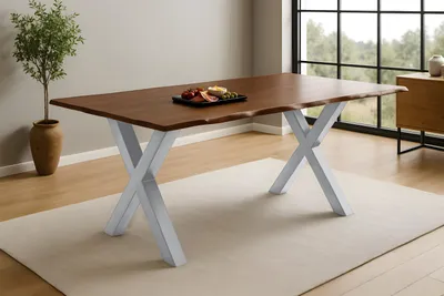 Produktbild von Esstisch Baumkante massiv Akazie kastaniefarben 200 x 100 cm X-Gestell silber ROXANA