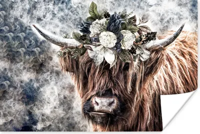 Produktbild von MuchoWow® Poster Schottische Highlander - Blumen - Nebel 180x120 cm - Fotoplakat