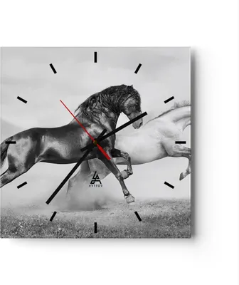 Produktbild von Wanduhr - Quadrat - Glasuhr - Pferde Tiere Galopp Wiese - 30x30cm - Schleichendes Uhrwerk - Lautlos - zum Aufhängen bereit - Dekoration Modern - Wanddekoration aus Glas - C3AC30x30-2683