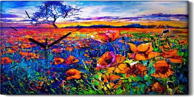 Produktbild von Wandbild Leinwand Bilder Wanduhr Quarz 60x30 Blume Wiese Baum Landschafts Himmel - schwarze Hände