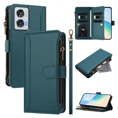 Image de Etui pour Motorola Moto Edge 50 Fusion, zippé, portefeuille Etui à rabat en cuirPolyuréthaneavec poches pour cartes, support et dragonne vert