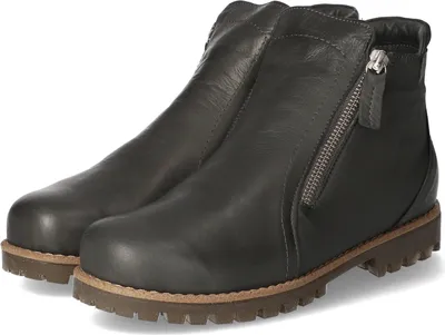 A pair of dark gray leather ankle boots with a side zipper and a thick lug sole, presented against a white background.
