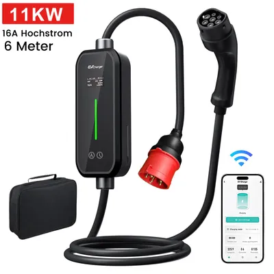 Produktbild von Junsun 11kW Typ 2 EV-Ladegerät 3-phasig - 6m Kabel App-Steuerung LCD-Display Einstellbar 6-16A Inkl. Tasche