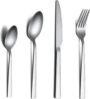 Image de Ensemble de couverts Unyqoos® de 24 pièces en acier inoxydable, finition argent mat, pour 6 personnes (6 couteaux, 6 fourchettes, 6 cuillères à soupe, 6 cuillères à café), inoxydable, compatible lave-vaisselle, design intemporel