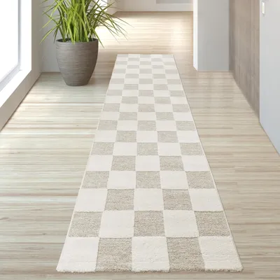 Produktbild von Teppich Pflegeleicht und Strapazierfähig mit Karomuster in Creme Beige Größe - 80 x 300 cm