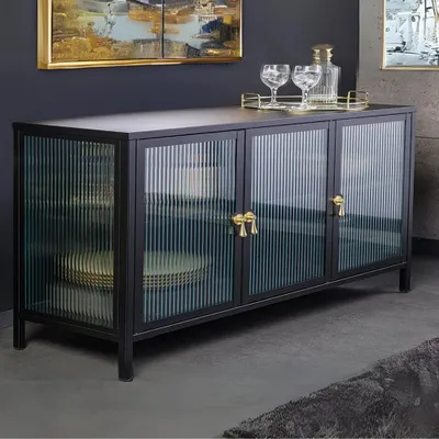Produktbild von Modernes Vitrinen-Sideboard TRIADO 105cm schwarz Metall Riffelglas