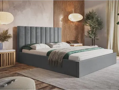 Produktbild von Polsterbett SIM 9 mit Kopfteil, 160x200 cm, Doppelbett mit Bettkasten und Lattenrost aus Holz, Velourstoff, Farbe: Grau