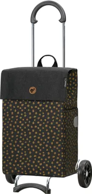 A shopping trolley with a patterned bag and a black top is shown against a white background.