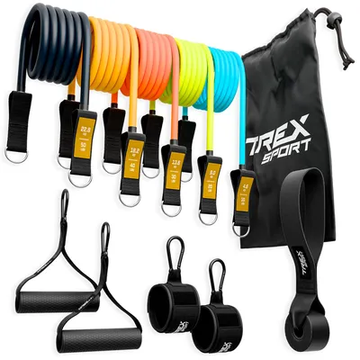 Produktbild von TREX SPORT Expander Gymnastikband 5er Set TX-050TSV Widerstandsband | Fitnessband 4,6-22,8 kg, mit Türanker, Knöchelriemen | Resistance Band neon
