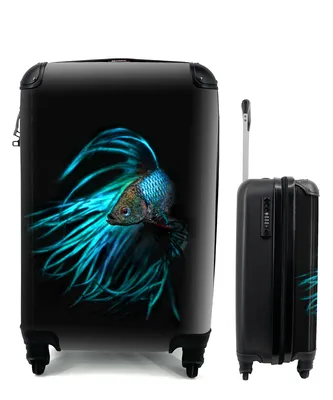 Produktbild von MuchoWow® Koffer Handgepäck Trolley Rollkoffer Kleine Reisekoffer mit 4 Rollen - Fische - Meerestiere - Blau - Schwarz - Cabin Size < 55x40x23 cm & 55x40x20 cm - Fotokoffer - Kabinenkoffer - Boardgepäck - Reise-Box - Reisekoffer - Reisegepäck - Koffer mit Bild - Trolley für Kinder